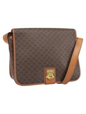 Authentic CELINE Macadam Canvas Shoulder Bag PVC Leather Brown Gold